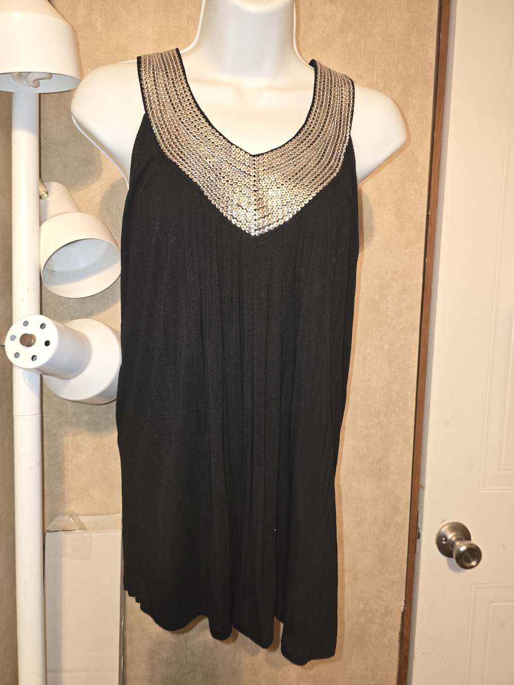C. Oliver Black Sleeveless Shirt with Silver Sequin Neckline